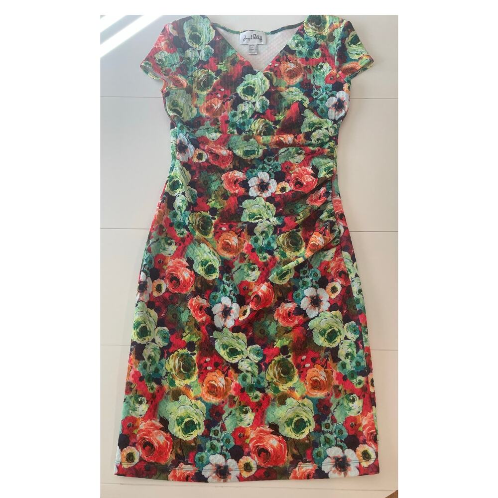Joseph Ribkoff Sheath Floral Dress Sz 8 Colorful Ruched Stretchy V-Neck Chic - Picture 8 of 13
